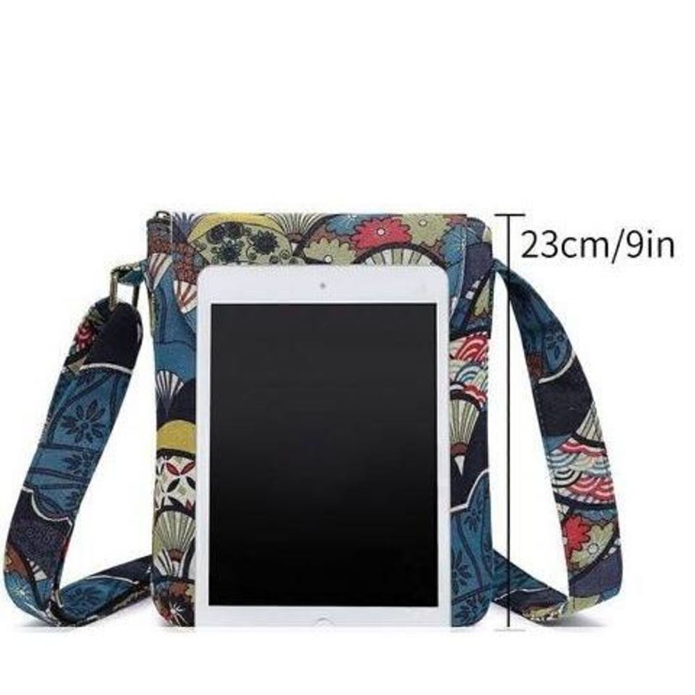 Linen Canvas Blue Red Shoulder Bag Fold Over Zipper Top Fits Most Tablets 9" NEW